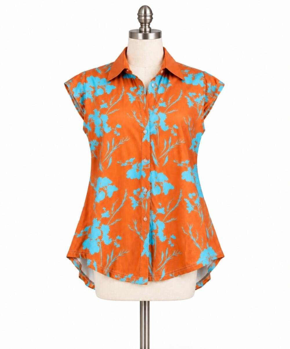 Pixie Lady Women M Orange Turquoise Floral Button Front High Low Blouse NWT